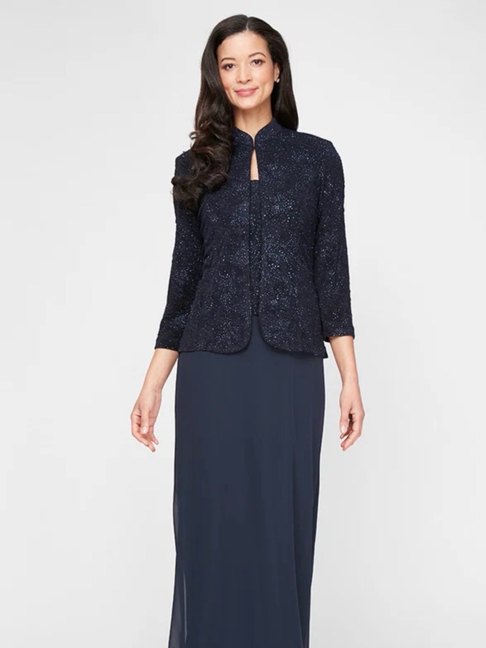 Alex Evenings navy blue glitter jacket and long dress set Size 14